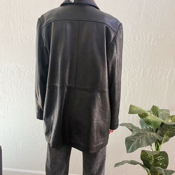 Vintage 1990's Black 100% Leather Double Breasted Button Up Blazer Jacket - Picture 4 of 7